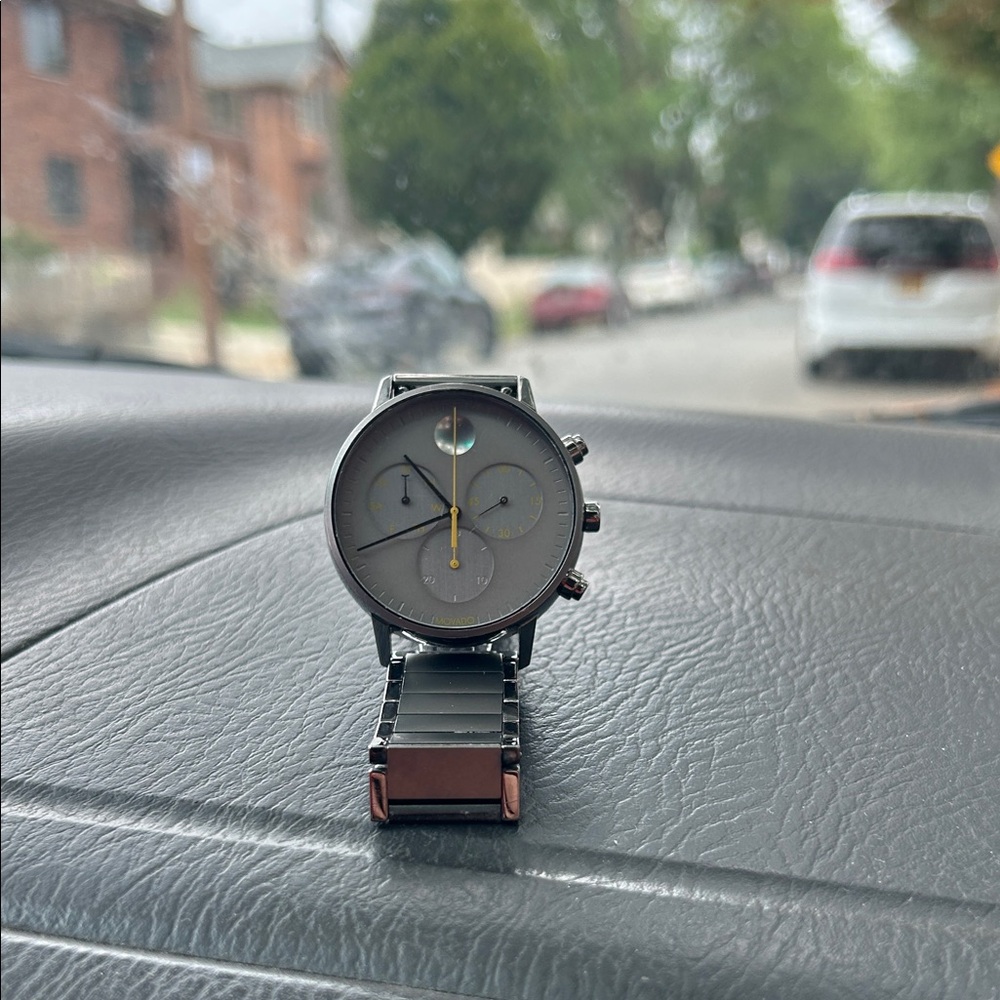 Movado Silver Watch with Black Strap